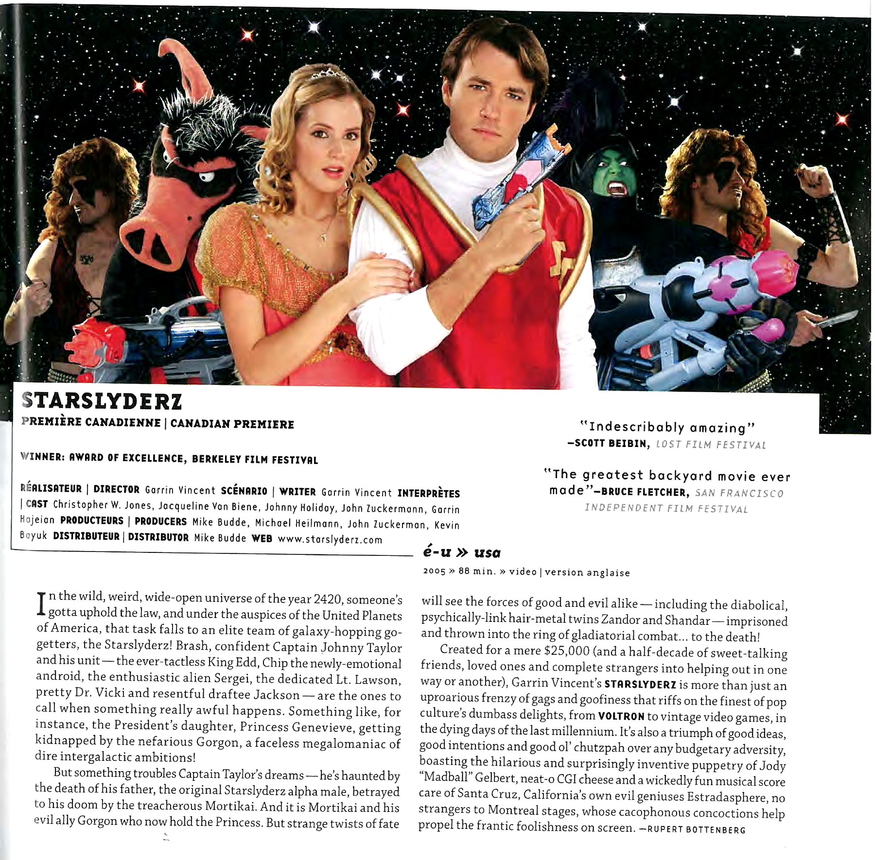 The Starslyderz page from the Fantasia festival programme, showing the Canadian Premiere billing, the Berkeley Award of Excellence, cast and crew credits, and the festival's programme note.