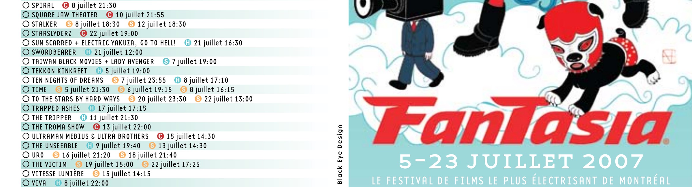 Fantasia's official 2007 schedule, listing Starslyderz on July 22 at 19:00 in the D.B. Clarke theatre, beside the festival's 5–23 July 2007 banner.