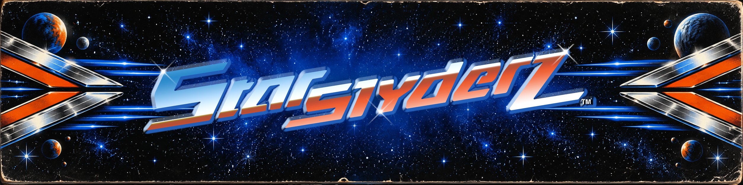 Starslyderz arcade cabinet marquee: the logo on a starfield, flanked by chrome and orange chevrons.