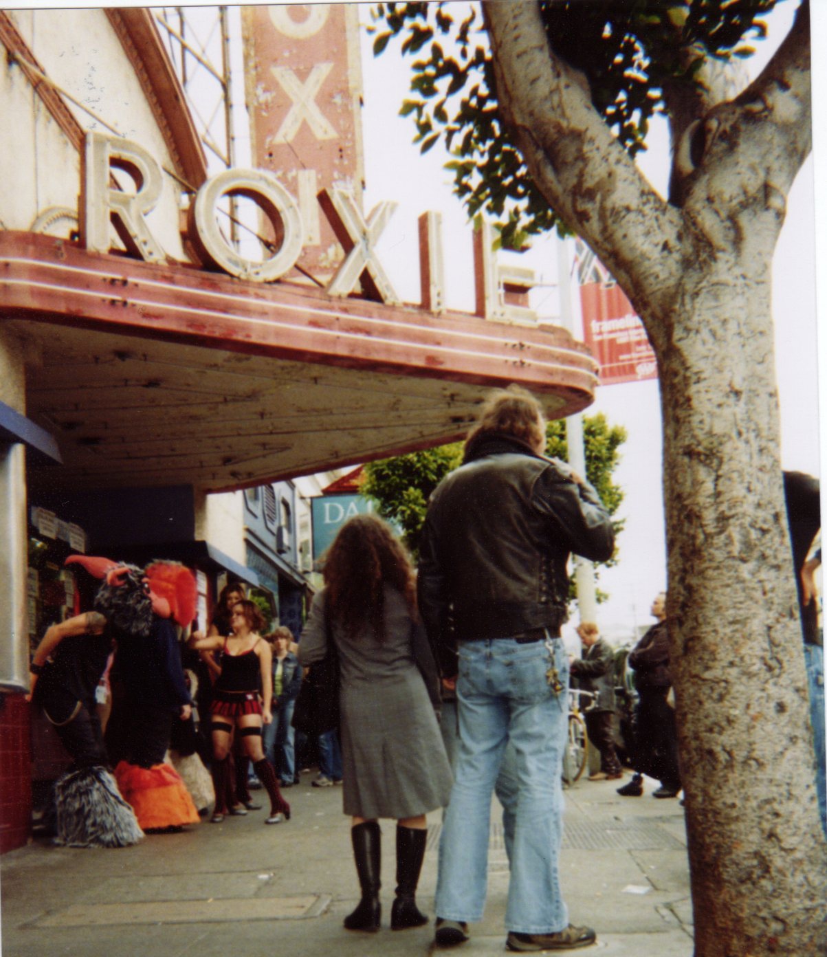 The Roxie Theater marquee in San Francisco, with costumed puppets outside.