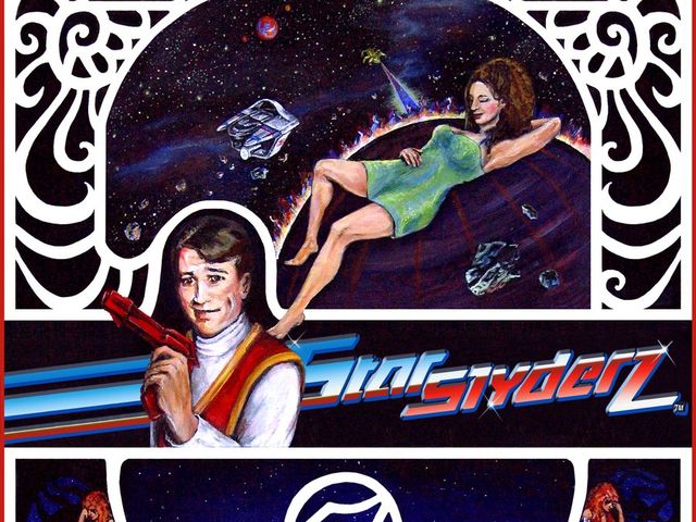 Detail of the original hand-painted Starslyderz poster: Captain Taylor with a blaster, a woman in green floating among the stars, and the chrome logo.