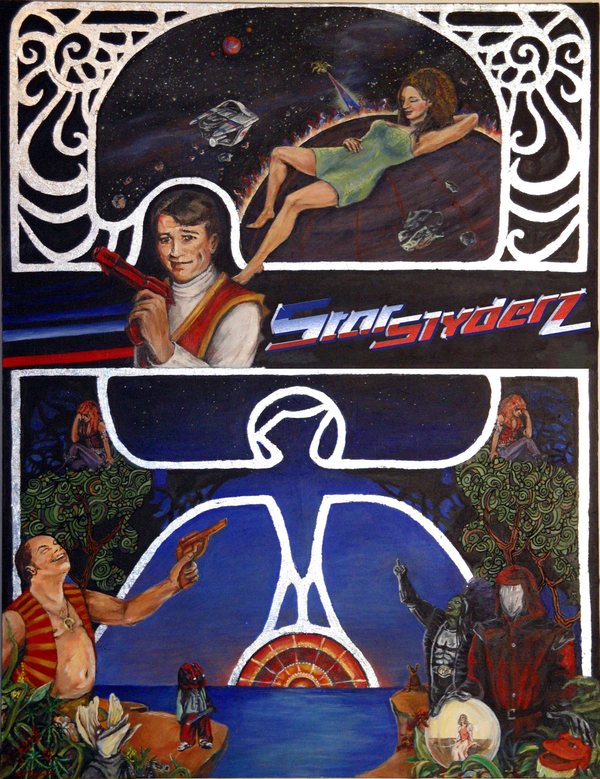 The hand-painted Starslyderz poster by KT Olson: Captain Taylor with a blaster, a woman in green floating among the stars, the Starslyderz logo, and the villains gathered beneath a glowing thunderbird, framed in silver leaf.