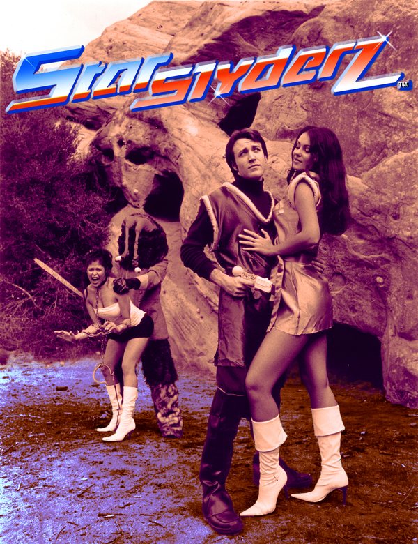 Poster art: Captain Taylor and a woman in a gold mini-dress outside a sea cave under the Starslyderz logo, with a creature holding a chained captive behind them.